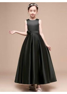 Long Black Satin Ceremony Dress for Little Girl