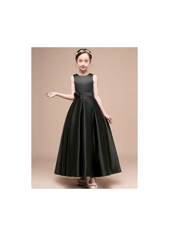 Long Black Satin Ceremony Dress for Little Girl