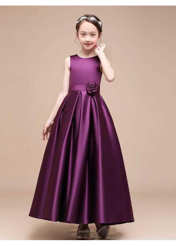 Long Black Satin Ceremony Dress for Little Girl