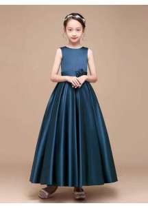 Long Black Satin Ceremony Dress for Little Girl