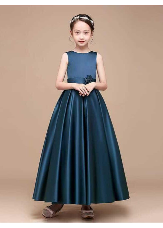 Long Black Satin Ceremony Dress for Little Girl