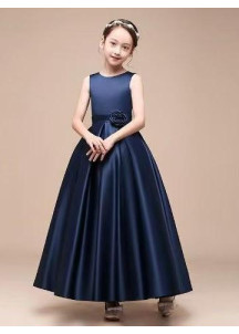 Long Black Satin Ceremony Dress for Little Girl