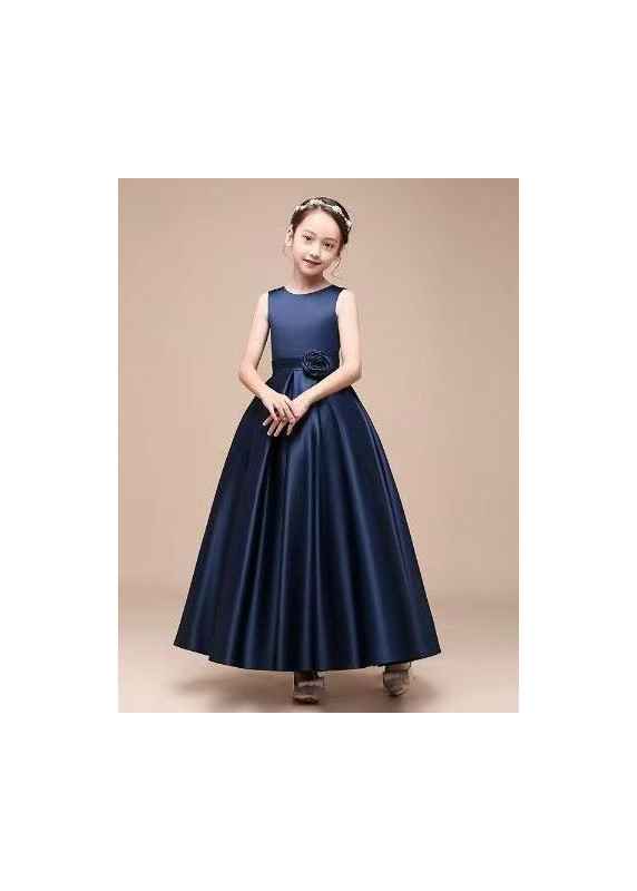 Long Black Satin Ceremony Dress for Little Girl