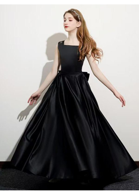 Long Black Satin Evening Dress for Little Girl with Back Bow