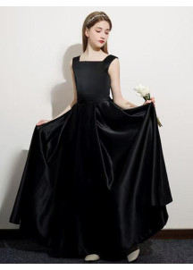 Long Black Satin Evening Dress for Little Girl with Back Bow