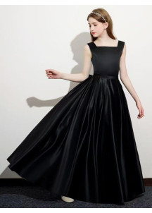 Long Black Satin Evening Dress for Little Girl with Back Bow