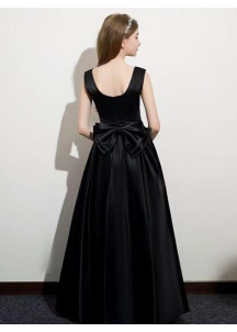 Long Black Satin Evening Dress for Little Girl with Back Bow