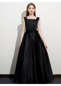 Long Black Satin Evening Dress for Little Girl with Back Bow