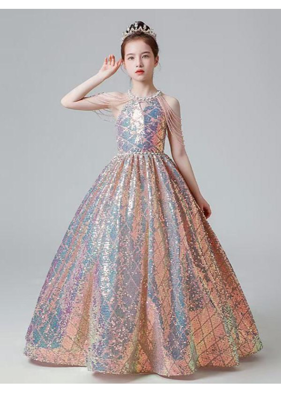 Long Sequined Fairy Tale Ceremony Dress for Little Girl