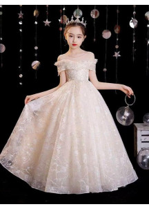 Long Floral Champagne Tulle Flower Girl Dress