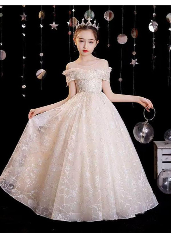 robe de demoiselle d'honneur enfant longue en tulle floral champagne