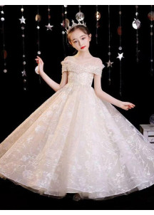 Long Floral Champagne Tulle Flower Girl Dress