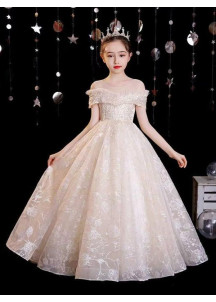 Long Floral Champagne Tulle Flower Girl Dress