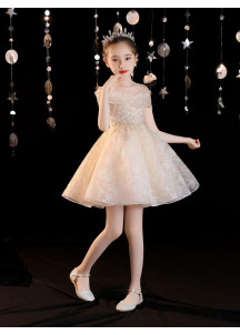 Long Floral Champagne Tulle Flower Girl Dress