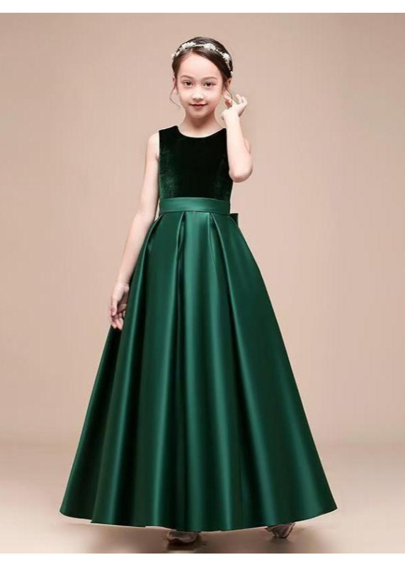 Long Emerald Satin and Velvet Flower Girl Dress with Butterfly Bow Belt