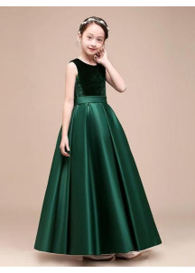 Long Emerald Satin and Velvet Flower Girl Dress with Butterfly Bow Belt