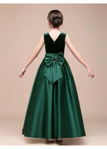 Long Emerald Satin and Velvet Flower Girl Dress with Butterfly Bow Belt