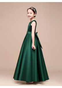 Long Emerald Satin and Velvet Flower Girl Dress with Butterfly Bow Belt