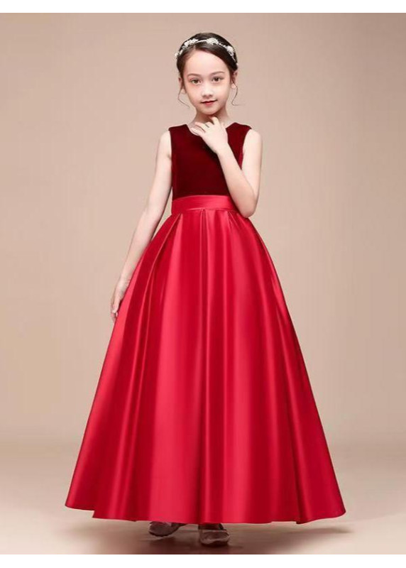 robe cérémonie fille longue en satin et velour émeraude avec ceinture nœud papillon