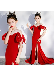 Long Red Mermaid-Style Flower Girl Dress with Train and Slit