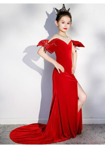 Long Red Mermaid-Style Flower Girl Dress with Train and Slit