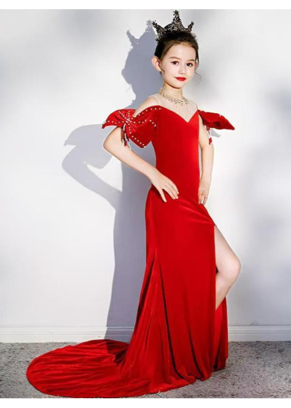 robe cérémonie fille longue rouge sirène avec traîne et fente