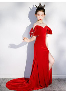 robe cérémonie fille longue rouge sirène avec traîne et fente