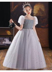 Little Girl's Gray Ceremony Dress with Full Tulle Skirt