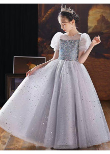 Little Girl's Gray Ceremony Dress with Full Tulle Skirt