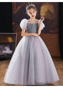 Little Girl's Gray Ceremony Dress with Full Tulle Skirt