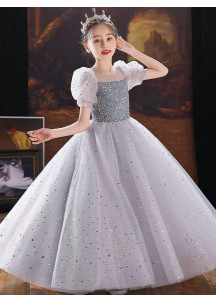 Little Girl's Gray Ceremony Dress with Full Tulle Skirt