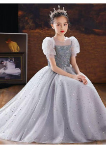 Little Girl's Gray Ceremony Dress with Full Tulle Skirt