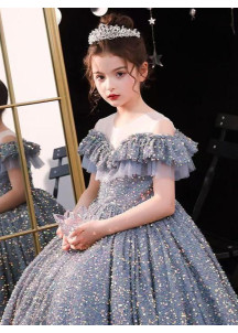 Sparkling Blue-Gray Princess Evening Dress for Kids