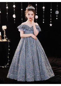 Sparkling Blue-Gray Princess Evening Dress for Kids