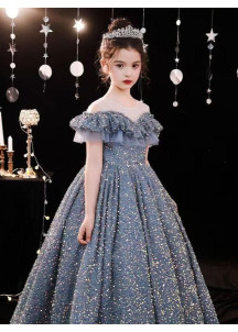 Sparkling Blue-Gray Princess Evening Dress for Kids