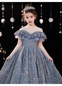 Sparkling Blue-Gray Princess Evening Dress for Kids