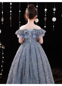 Sparkling Blue-Gray Princess Evening Dress for Kids