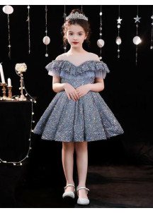 Sparkling Blue-Gray Princess Evening Dress for Kids