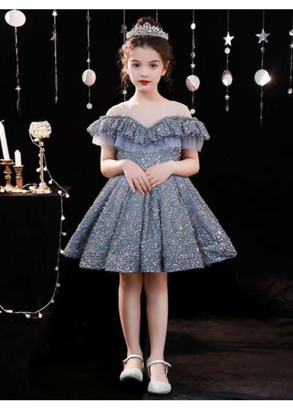 robe soirée enfant princesse bleu cendré scintillant