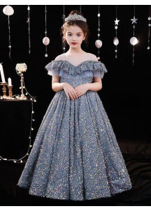 robe soirée enfant princesse bleu cendré scintillant