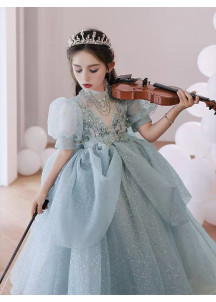 Gray Floral Lace Ceremony Dress for Kids