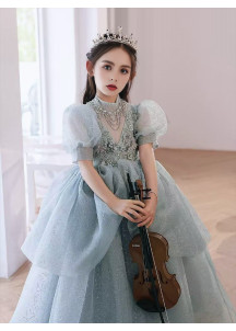 Gray Floral Lace Ceremony Dress for Kids