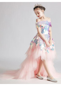 Pale Pink Asymmetrical Tulle Princess Ceremony Dress for Kids