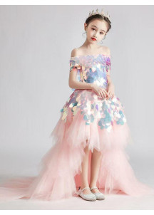 Pale Pink Asymmetrical Tulle Princess Ceremony Dress for Kids