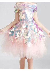 Pale Pink Asymmetrical Tulle Princess Ceremony Dress for Kids