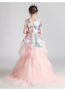 Pale Pink Asymmetrical Tulle Princess Ceremony Dress for Kids