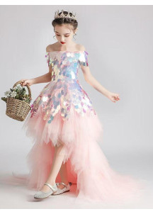 Pale Pink Asymmetrical Tulle Princess Ceremony Dress for Kids