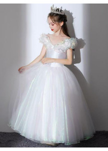 robe de cérémonie pour enfant princesse en tulle blanc reflet multicolore