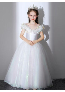 robe de cérémonie pour enfant princesse en tulle blanc reflet multicolore