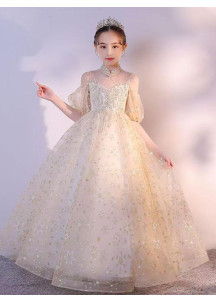 robe cérémonie fille princesse en tulle champagne avec manches courtes bouffantes